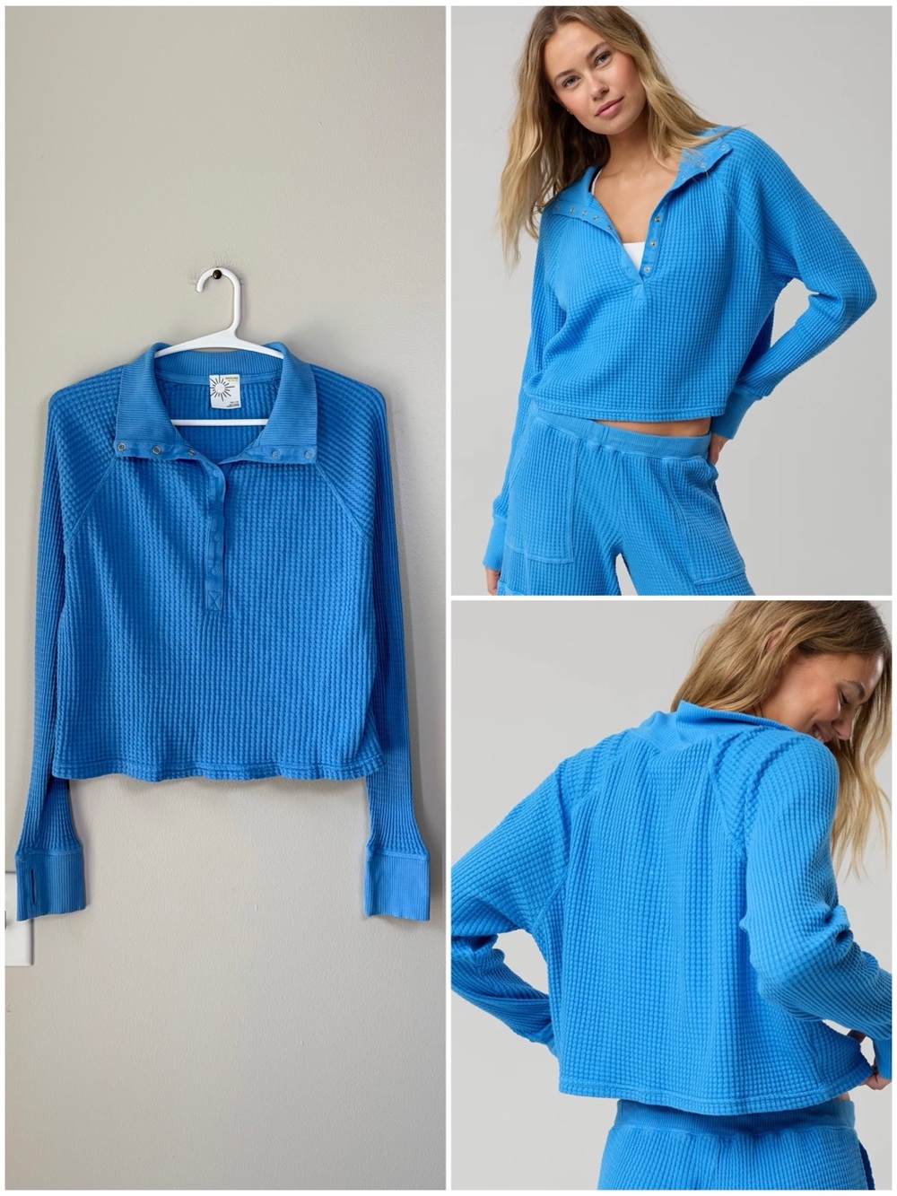 OFFLINE By Aerie Tidal Blue Wow! Waffle Henley Long Sleeve Shirt Loungewear
